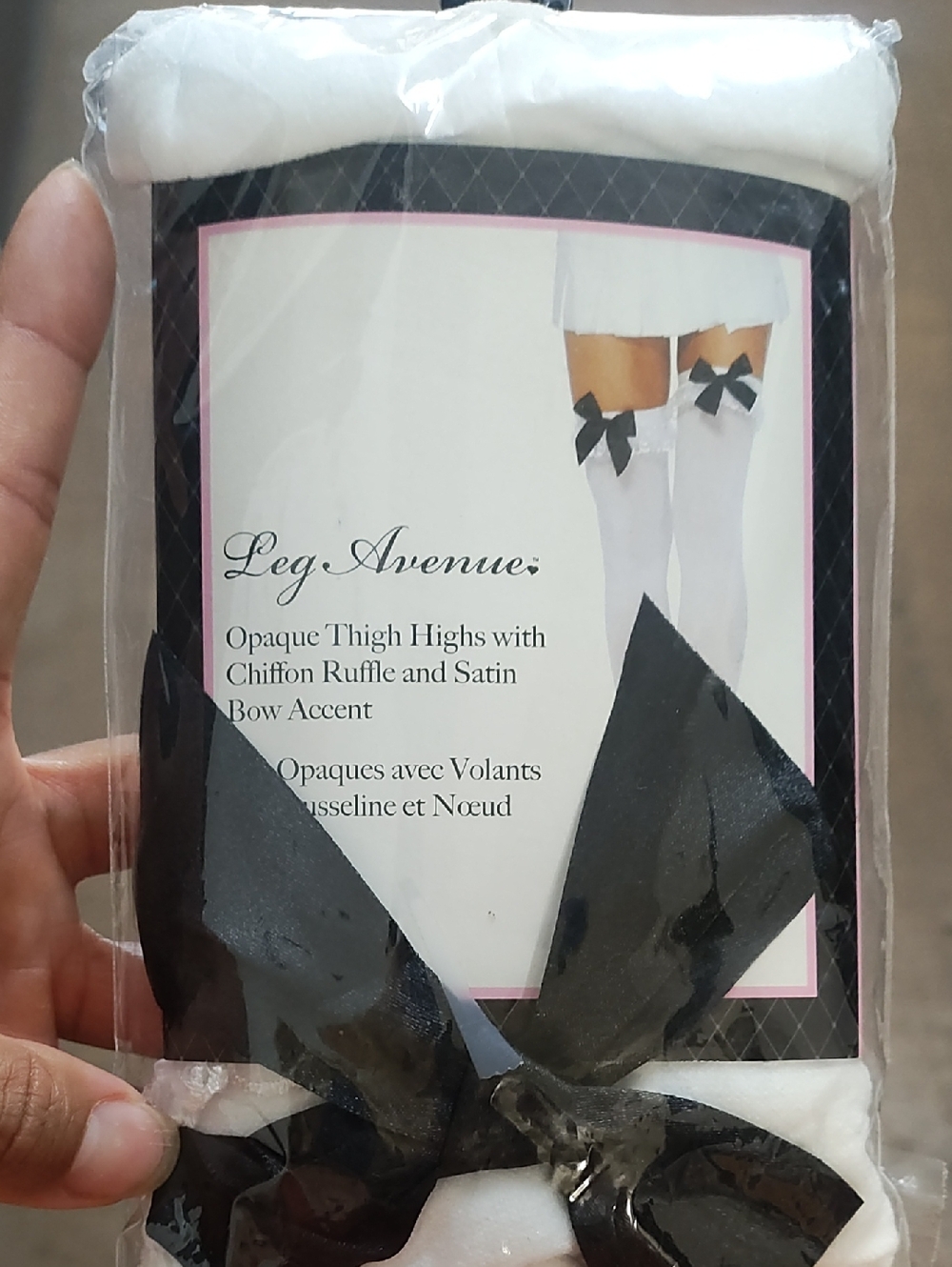 Leg Avenue White Thigh Highs with Black Satin Bow Trim